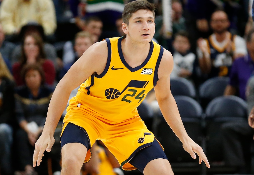 Utah Jazz guard Grayson Allen (24) guards against the Memphis Grizzlies in the second half during an NBA basketball game Monday, Oct. 22, 2018, in Salt Lake City. (AP Photo/Rick Bowmer)