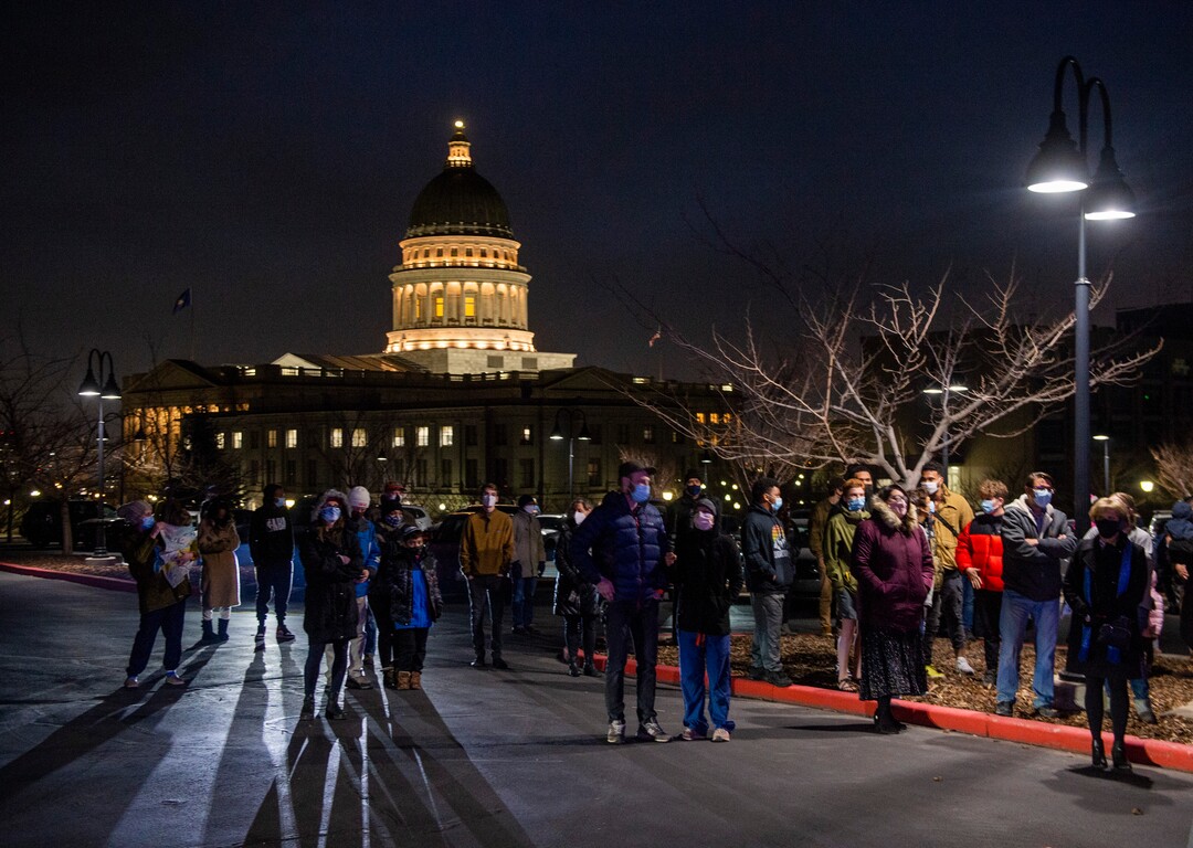 (Rick Egan | The Salt Lake Tribune) Crowds gather for lighting of Utah's tallest menorah, 20 feet high at the Utah Capitol for the first night of Hanukkah on Thursday, Dec. 10, 2020.