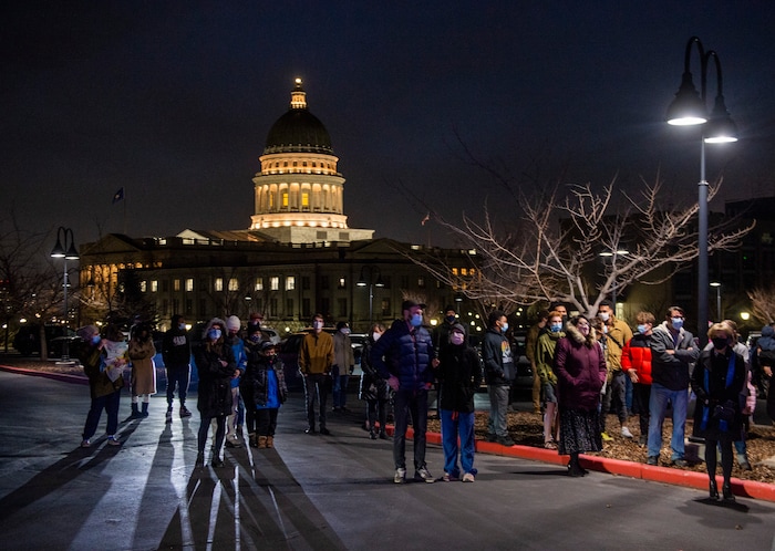 (Rick Egan | The Salt Lake Tribune) Crowds gather for lighting of Utah's tallest menorah, 20 feet high at the Utah Capitol for the first night of Hanukkah on Thursday, Dec. 10, 2020.