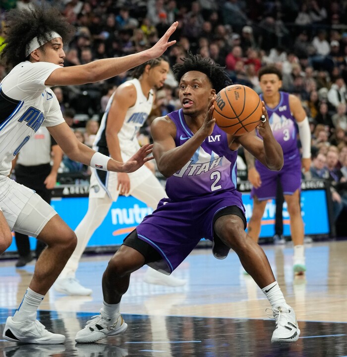 (Francisco Kjolseth  | The Salt Lake Tribune) Utah Jazz guard Collin Sexton (2) maneuvers around Orlando Magic guard Anthony Black (0) as the Utah Jazz host the Orlando Magic during NBA basketball at the Delta Center in Salt Lake City on Saturday, February. 1, 2025.