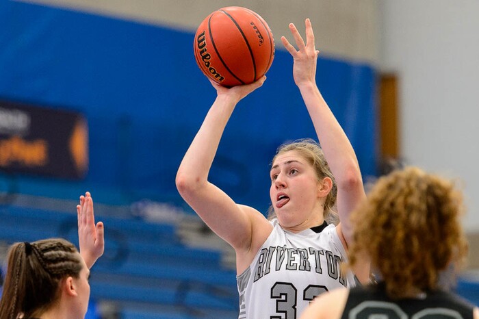 (Trent Nelson | The Salt Lake Tribune)  Riverton's Morgan Kane (33) shoots as Riverton faces American Fork in the 6A High School Girls' Basketball Tournament at SLCC in Taylorsville, Tuesday Feb. 20, 2018.