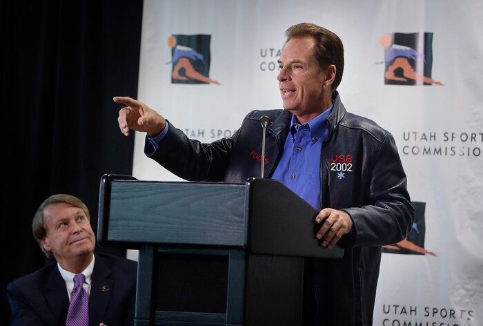(Scott Sommerdorf | The Salt Lake Tribune)
Former Salt Lake Organizing Committee COO Fraser Bullock speaks as members of the newly-announced Olympic/Paralympic Exploratory Committee (OEC) met with members of the media to outline their reasons for exploring the possibility of hosting a future Olympic Winter Games, Thursday, October 19, 2017.