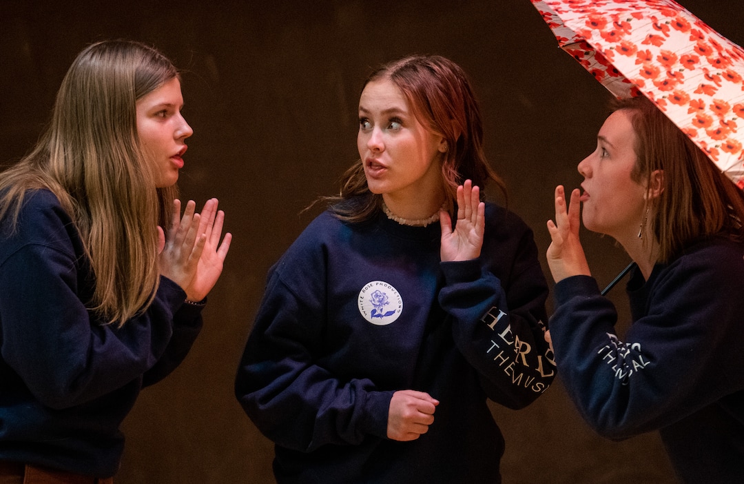 (Rick Egan | The Salt Lake Tribune)  Olympus high school students Sarah Cundock,  Ellie England and Hannah Alfondre, run through a scene, during a rehearsal for a musical based on the young adult fantasy book, "Heartless," on Friday, April 1, 2022.