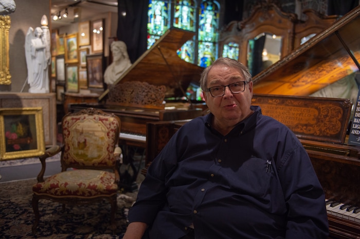 (Rachel Molenda  |  The Salt Lake Tribune)  Anthony B. Christensen, founder of Anthony's Fine Art & Antiques in Salt Lake City,, talks about a collection of early pioneer art and furniture on display on Thursday, July 19, 2018.