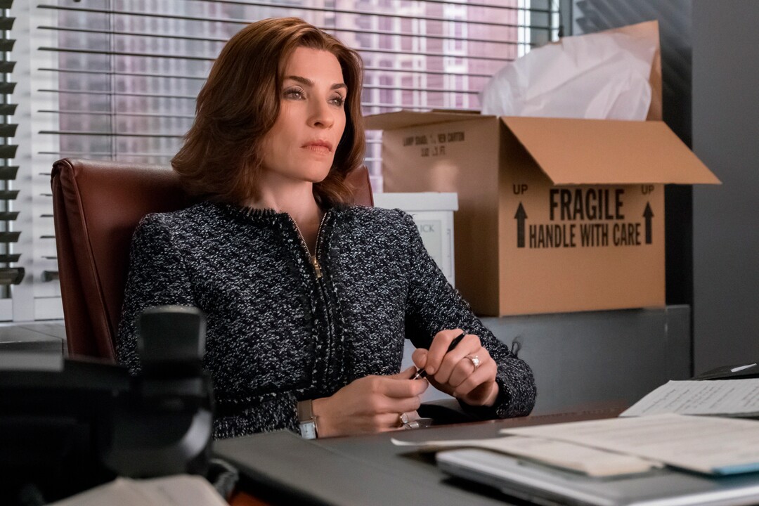 In this image released by CBS, Julianna Margulies appears in a scene from, "The Good Wife." “The Good Wife” started in 2009 with a slap. In a hallway away from cameras, Julianna Margulies' Alicia Florrick smacked her philandering politician husband. For the next several seasons we watched her pull out from the shadow of her husband and forge a new identity. (Jeff Neumann/CBS via AP)