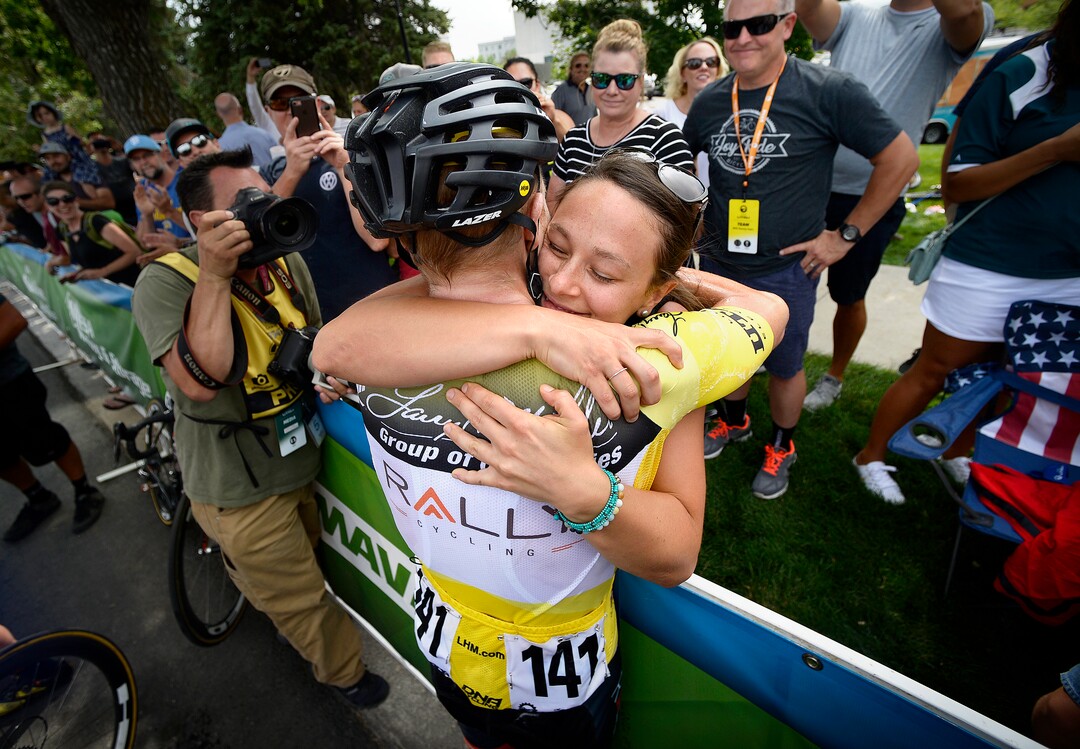 (Scott Sommerdorf   |  The Salt Lake Tribune)   Canadian Robert Britton gets a hug from his girlfriend Ricki Hagen after winning the 2017 Tour of Utah, Sunday, August 6, 2017.  