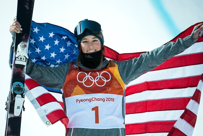 (Chris Detrick  |  The Salt Lake Tribune)  Brita Sigourney of the United States celebrates after the Ladies' Ski Halfpipe Final Run at Phoenix Park during the Pyeongchang 2018 Winter Olympics Tuesday, Feb. 20, 2018. Sigourney finished in 3rd place with a score of 89.80.
