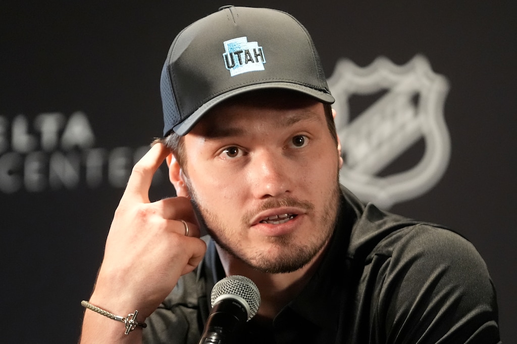 Mikhail Sergachev, a defenseman for the Utah Hockey Club, speaks during an NHL news conference Friday, July 5, 2024, in Salt Lake City. (AP Photo/Rick Bowmer)