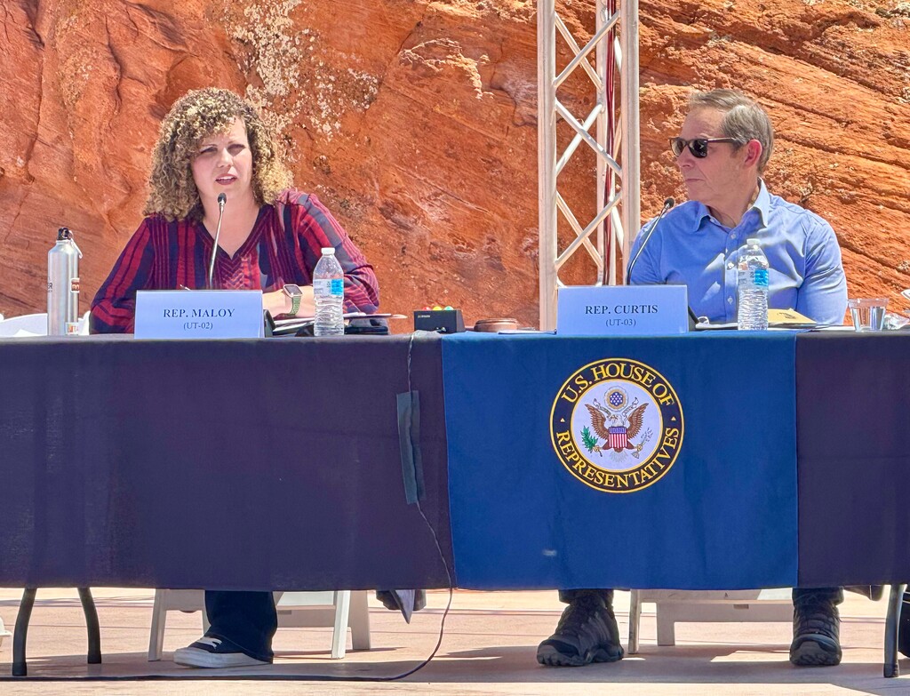 (Mark Eddington | The Salt Lake Tribune) U.S. Reps. Celeste Maloy, left, and John Curtis attend a special hearing of the House Natural Resources Subcommittee held in Hurricane, Monday, April 22, 2024.