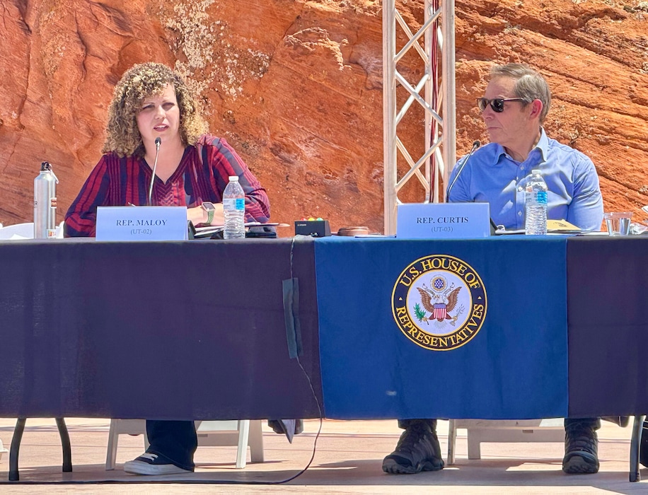(Mark Eddington | The Salt Lake Tribune) U.S. Reps. Celeste Maloy, left, and John Curtis attend a special hearing of the House Natural Resources Subcommittee held in Hurricane, Monday, April 22, 2024.