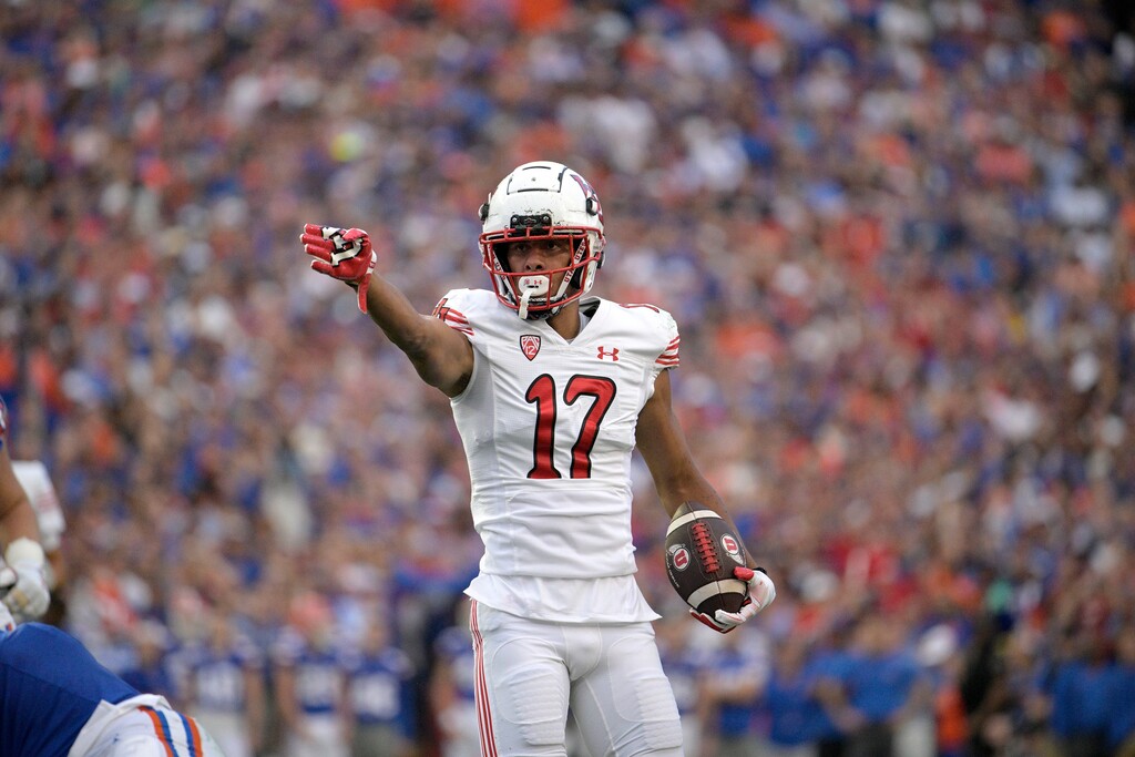 (Phelan M. Ebenhack | AP) Utah wide receiver Devaughn Vele (17) reacts after catching a pass for a first down during the first half of an NCAA college football game against Florida, Saturday, Sept. 3, 2022, in Gainesville, Fla.