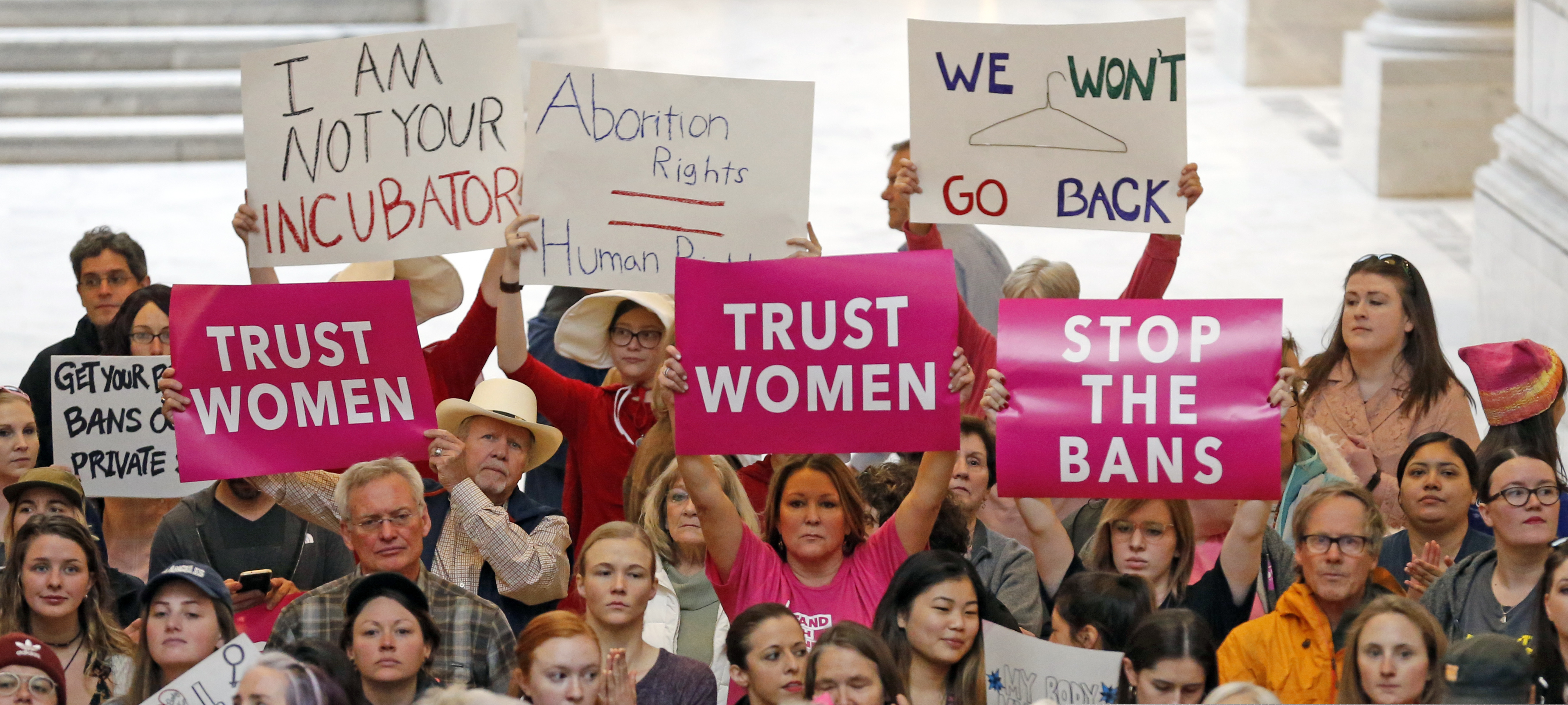 (Rick Bowmer | AP photo)

In this May 21, 2019, photo, activists gather in the Utah State Capitol Rotunda to protest abortion bans happening in Utah and around the country, in Salt Lake City.
