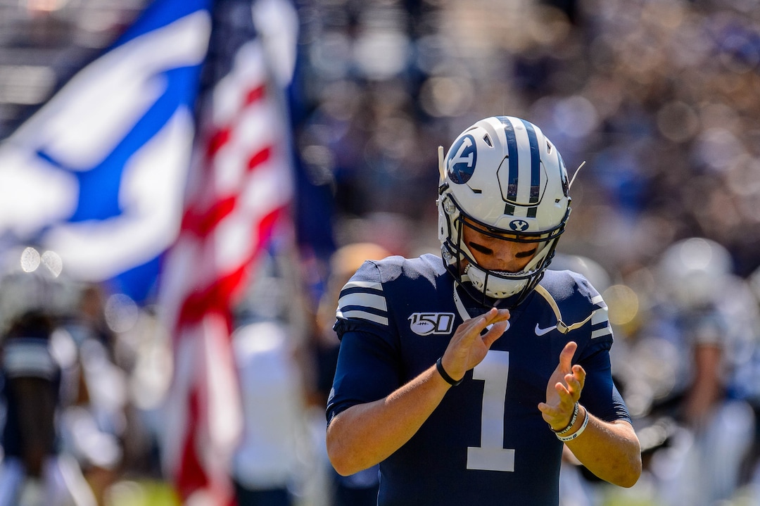 (Trent Nelson  |  The Salt Lake Tribune)  Brigham Young Cougars quarterback Zach Wilson (1) as BYU hosts USC, NCAA football in Provo on Saturday Sept. 14, 2019.