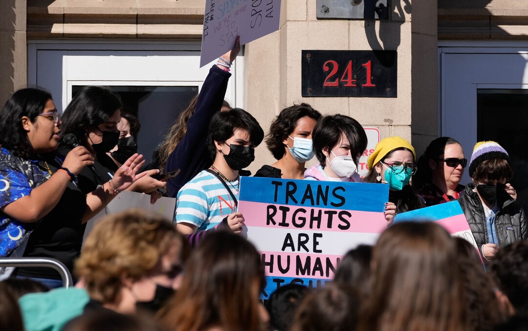 (Francisco Kjolseth | The Salt Lake Tribune) Students at West High School stage a walkout on Wednesday, April 6, 2022 to protest HB11, which bans transgender girls from participating in female school sports.