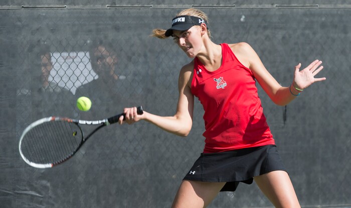 (Rick Egan  |  The Salt Lake Tribune)   Emily Astle, Alta, plays Emma Jewell, Olympus, 	in the 5A State High School tennis championship game. Friday, October 6, 2017.