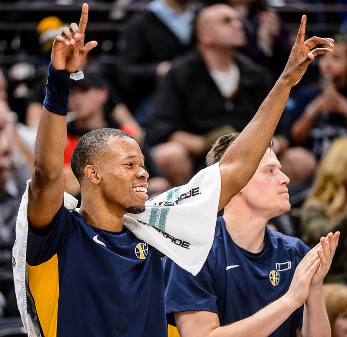 (Trent Nelson | The Salt Lake Tribune)  Utah Jazz guard Rodney Hood (5) celebrates a 30-point lead from the bench as the Utah Jazz host the Chicago Bulls, NBA basketball in Salt Lake City Wednesday November 22, 2017.