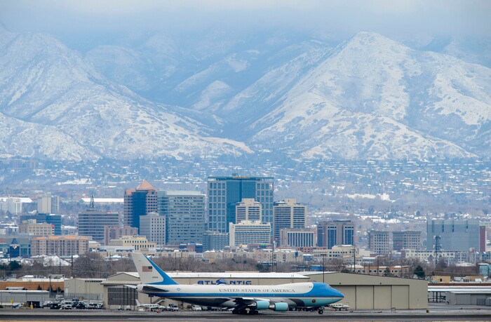 (Steve Griffin  |  The Salt Lake Tribune) Air Force One prepares to leave Salt Lake City International Airport after President Donald Trump's visit to Salt Lake City on Monday, Dec. 4, 2017.