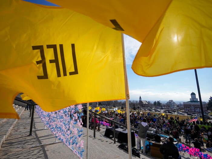 (Leah Hogsten | The Salt Lake Tribune)  Hundreds of anti-abortion activists rally at Pro-Life Utah's March for Life at the Utah Capitol on Saturday, in conjunction with the national March for Life in D.C., Jan. 22, 2022.
