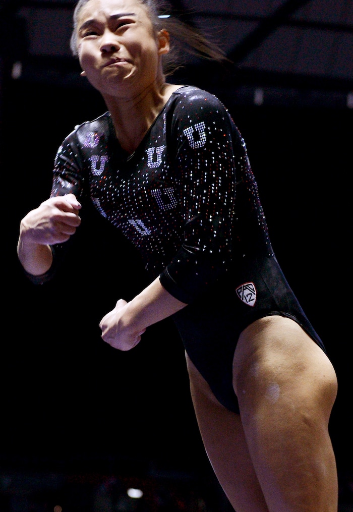 (Leah Hogsten  |  The Salt Lake Tribune)   Kim Tessen scored a 9.90 on the vault. The fourth-ranked Utes compete against No. 9 California, No. 16 Auburn, No. 21 Brigham Young, Stanford and Southern Utah, during the the NCAA Regional Championships, Saturday, April 7, 2018 at the Huntsman Center. The top two teams advance to the NCAA Championships April 20-21 in St. Louis.Saturday, April 7, 2018, 