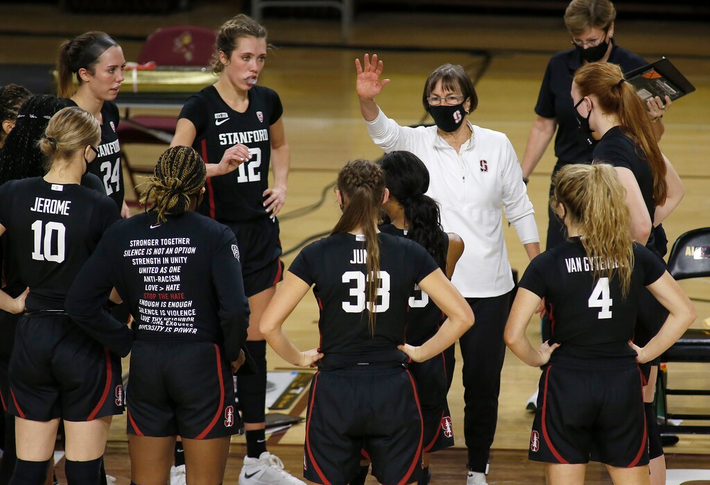 (Darryl Webb | AP file photo)  Stanford head coach Tara Vanderveer talks to her team as they play Arizona State during the second half of an NCAA college basketball game Sunday, Jan. 3, 2021, in Tempe, Ariz.