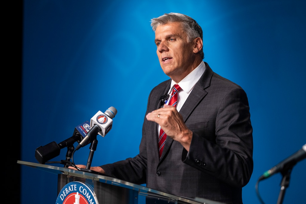 (Isaac Hale | Pool) Rep. Phil Lyman speaks to members of the media after a gubernatorial GOP primary debate held at the Eccles Broadcast Center in Salt Lake City on Tuesday, June 11, 2024.