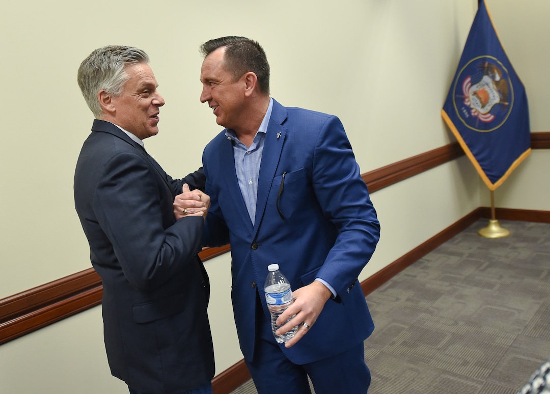 (Francisco Kjolseth  |  The Salt Lake Tribune) Former Gov. Jon Huntsman, left, greets former Utah House Speaker Greg Hughes as the gubernatorial candidates are invited to speak to the Professional Republican Women of Utah during their membership luncheon at the Capitol in Salt Lake City on Thursday, Jan. 23, 2020.