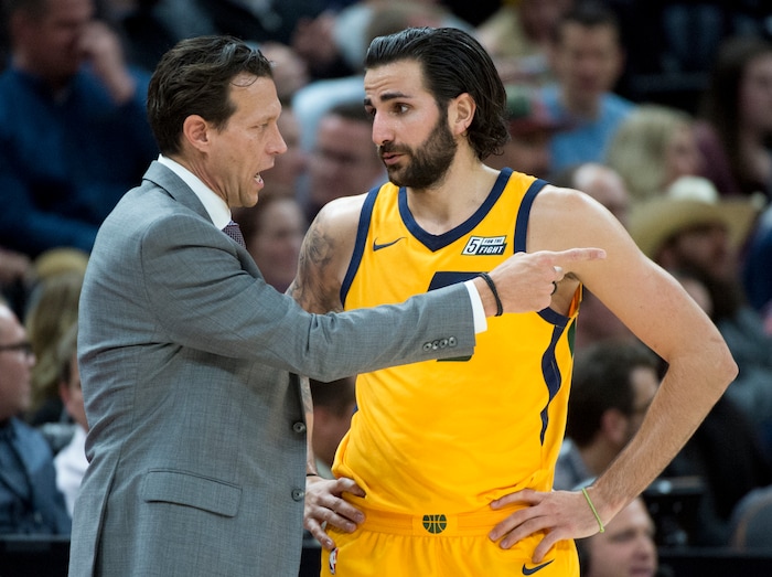 (Rick Egan  |  The Salt Lake Tribune)  Utah Jazz head coach Quin Snyder talks with Utah Jazz guard Ricky Rubio (3), during a break in the action, in NBA action, Utah Jazz vs Houston Rockets in Salt Lake City, Thursday, December 7, 2017.



