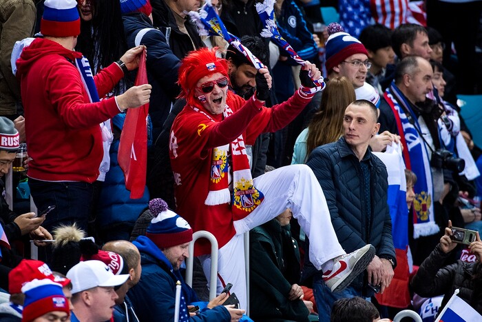 (Chris Detrick  |  The Salt Lake Tribune)  A Russian fan dances during the United States vs Olympic Athletes from Russia hockey game at Gangneung Hockey Centre during the Pyeongchang 2018 Winter Olympics Saturday, Feb. 17, 2018. Olympic Athletes from Russia defeated United States 4-0.