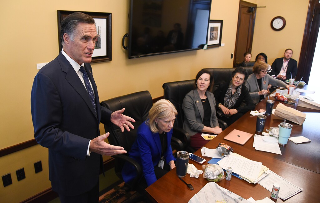 (Francisco Kjolseth  |  Tribune file photo)  Sen. Mitt Romney meets state lawmakers at the Utah Capitol as he speaks with members of the Democratic House Caucus during a series of meetings, Feb. 21, 2019.