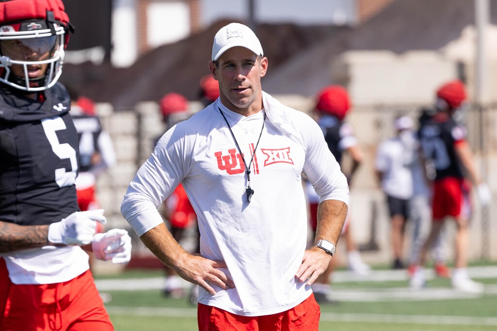 (Anna Fuder | Utah Athletics) Utah football coach Morgan Scalley observes a practice in Salt Lake City on July 30, 2025.