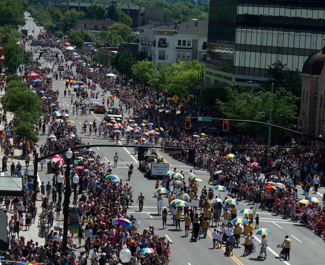 (Rick Egan  |  The Salt Lake Tribune)   The Utah Pride Parade marches up 200 South in Salt Lake City, Sunday, June 3, 2018.