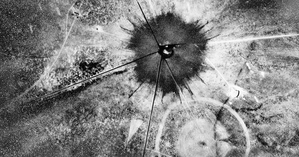 (AP file photo) An aerial view after the first atomic explosion at Trinity Test Site, N.M., on July 16, 1945.