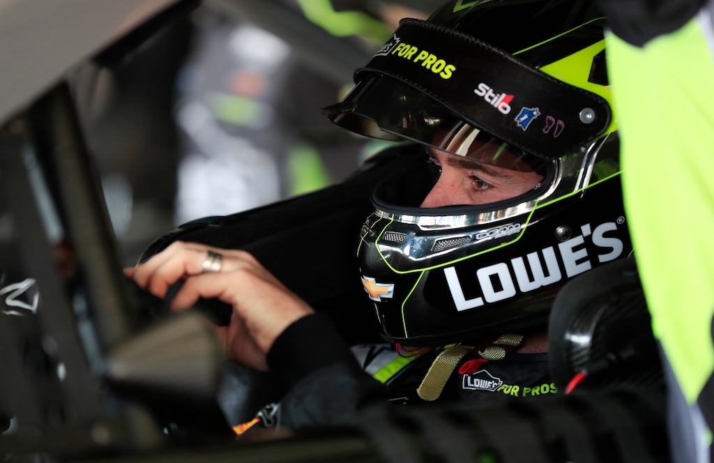 NASCAR Cup Series driver Jimmie Johnson (48) waits to practice for Sunday's NSCAR Cup series auto race at Atlanta Motor Speedway in Hampton, Ga., on Saturday, Feb. 24, 2018. (AP Photo/Paul Abell)