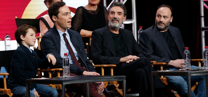 (Photo credit: Monty Britton/CBS) Iain Armitage, executive producer/narrator Jim Parsons, executive producer Chuck Lorre and executive producer Steven Molaro talk “Young Sheldon” with TV critics.
