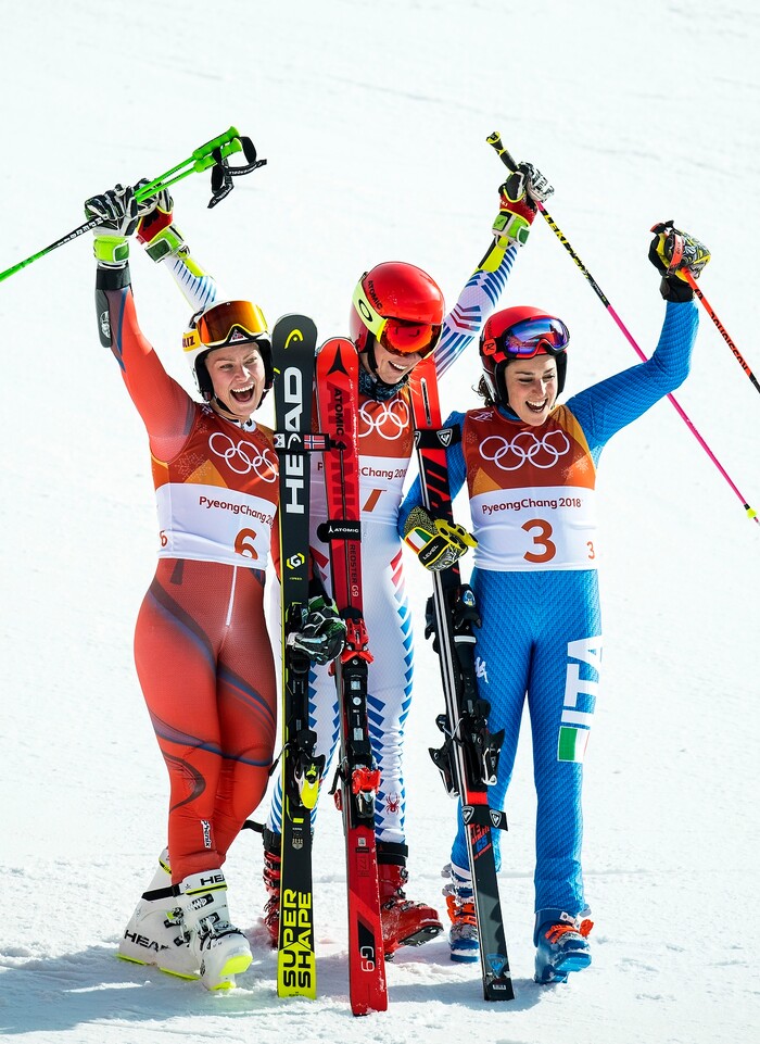 (Chris Detrick  |  The Salt Lake Tribune)  Italy's Federica Brignone, right, Norway's Ragnhild Mowinckel, left, and USA's Mikaela Shiffrin celebrate after Ladies' Giant Slalom at Yongpyong Alpine Centre during the Pyeongchang 2018 Winter Olympics Thursday, Feb. 15, 2018.  Shiffrin won the event with a time of 2:20.02. Mowinckel won silver and Brignone won bronze. 