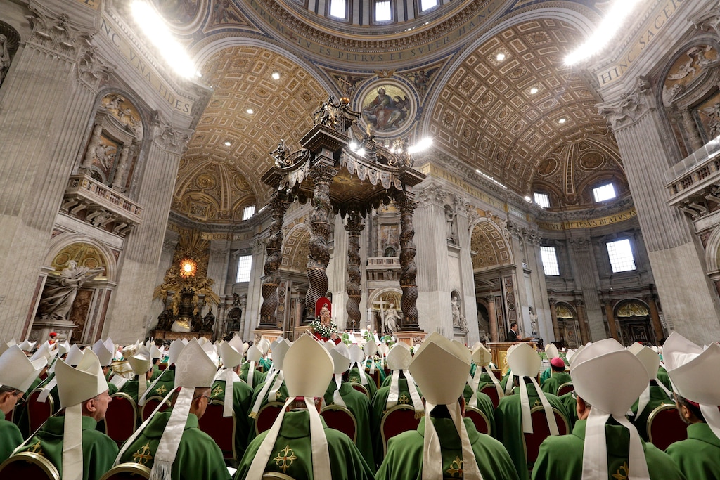 A view St. Peter's Basilica as Pope Francis celebrates a Mass for the closing of the synod of bishops at the Vatican, Sunday, Oct. 28, 2018. (AP Photo/Andrew Medichini)