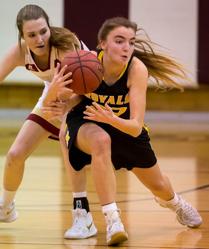 (Trent Nelson | The Salt Lake Tribune)  Viewmont's Melissa Sorenson and Roy's Brittney Hatch as the Viewmont Vikings host the Roy Royals, girls high school basketball in Bountiful, Wednesday January 31, 2018.