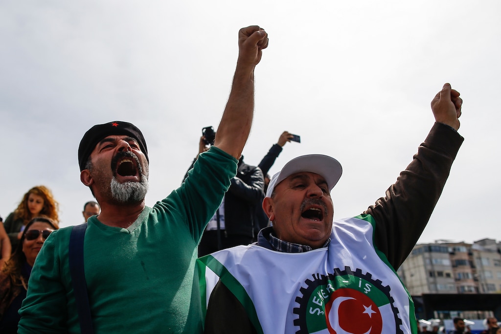 (Emrah Gurel | Associated Press file photo) Supporters of Turkey's main opposition Republican People's Party, CHP, chant slogans as they gather for a sit-in protest near central Istanbul's Taksim Square, Monday, April 16, 2018. After it was announced that the motion foreseeing the extension of state of emergency for the seventh time since the failed coup attempt on July 2016, will be discussed in parliament on Wednesday, CHP organized sit-in protests around Turkey calling for the abolishment of the state of emergency.