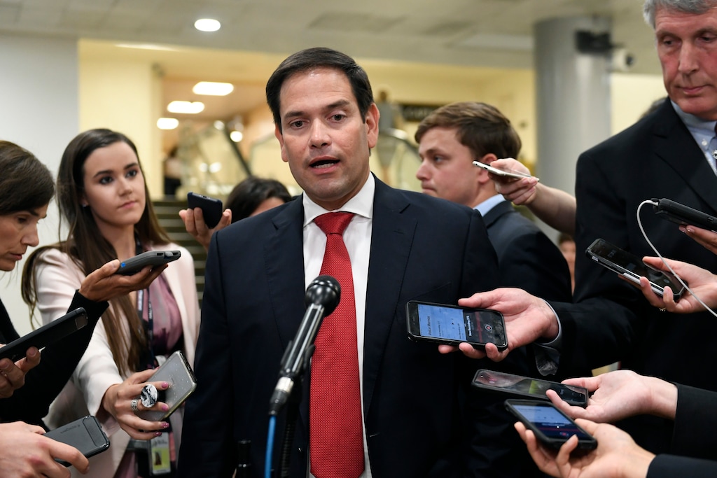 Sen. Marco Rubio, R-Fla., talks with reporters on Capitol Hill in Washington, Wednesday, July 10, 2019, after attending a briefing on election security. (AP Photo/Susan Walsh)