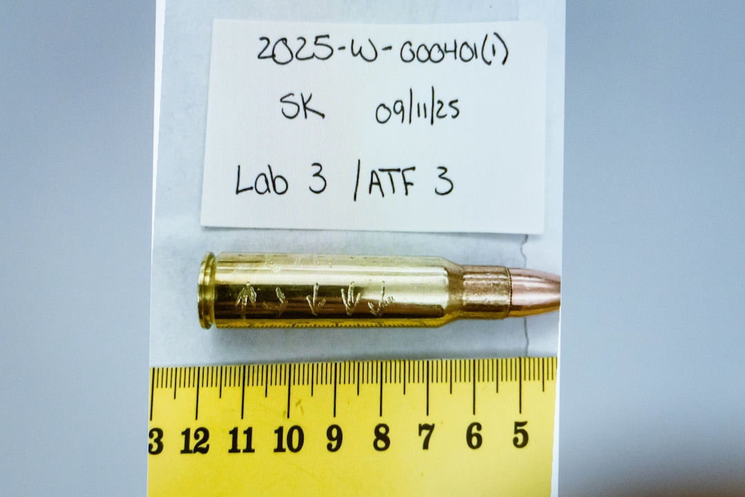 (Spenser Heaps | Pool) An image of a bullet casing engraved with several arrows is displayed during a preliminary hearing for Tyler Robinson, who is accused in the fatal shooting of Charlie Kirk, at the Fourth District Courthouse in Provo, Thursday, July 9, 2026.