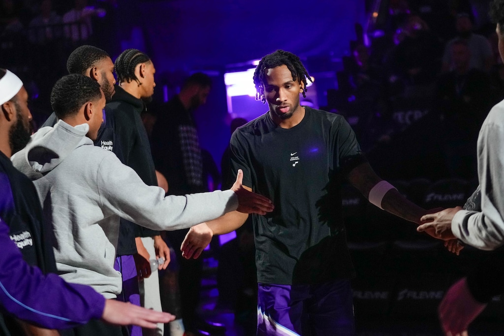 (Francisco Kjolseth | The Salt Lake Tribune) Utah Jazz guard Darryn Peterson (22) is introduced during an NBA game at the Delta Center on Monday Oct. 26, 2026.