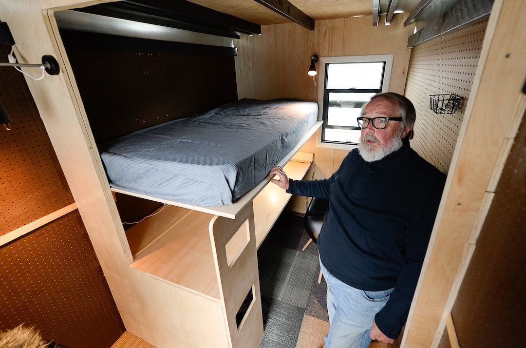 (Francisco Kjolseth | The Salt Lake Tribune) Small-home architect Jeff White gives a tour of his prototype Toaster House parked in South Salt Lake on Wednesday, Oct. 2, 2019. Toaster, an acronym for temporary, orderly, affordable, safe, transportable, effective and respectful, aims to help address a possible gap in homelessness services. He envisions the temporary, 60 square-foot spaces as a way to stabilize people and move them into permanent supportive housing in conjunction with Salt Lake City's homeless outreach team.