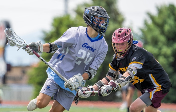 (Rick Egan | The Salt Lake Tribune) James Livingston (6) Pleasant Grove, runs with the ball, as Russell Cluff (32) defends for Viewmont, in the Division C championship game between the Viewmont Vikings and the Pleasant Grove Vikings, in Layton, on Saturday, May 29, 2021.