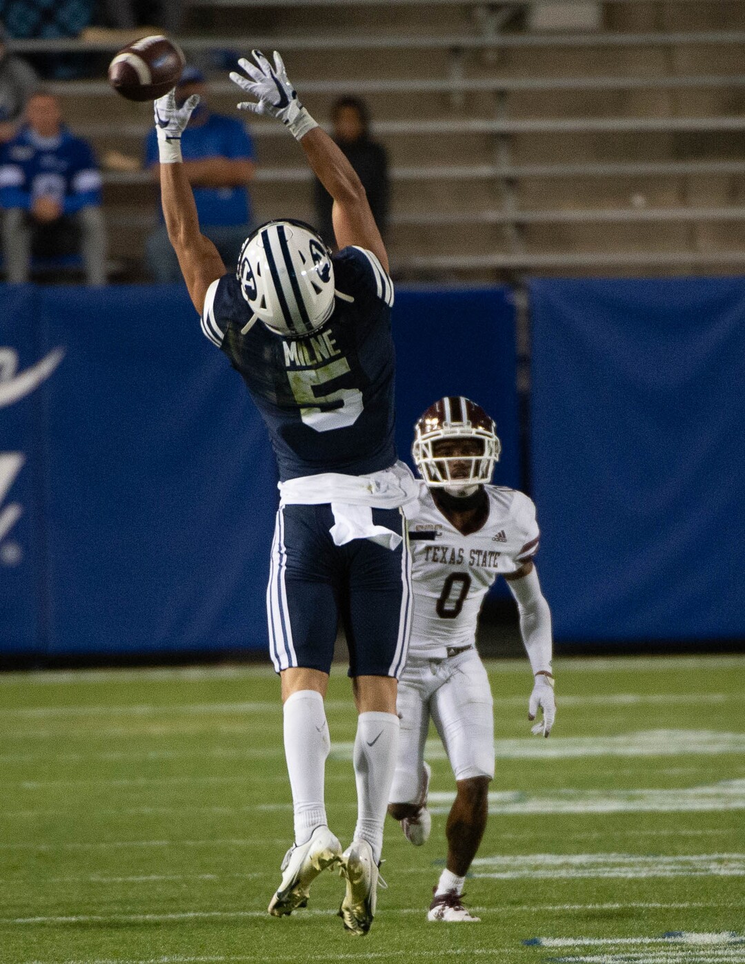 (Francisco Kjolseth  |  The Salt Lake Tribune) Brigham Young Cougars wide receiver Dax Milne (5) comes up short for an interception as BYU takes on Texas State during an NCAA college football game at LavVell Edwards Stadium, Saturday, oct. 24, 2020, in Provo, Utah.