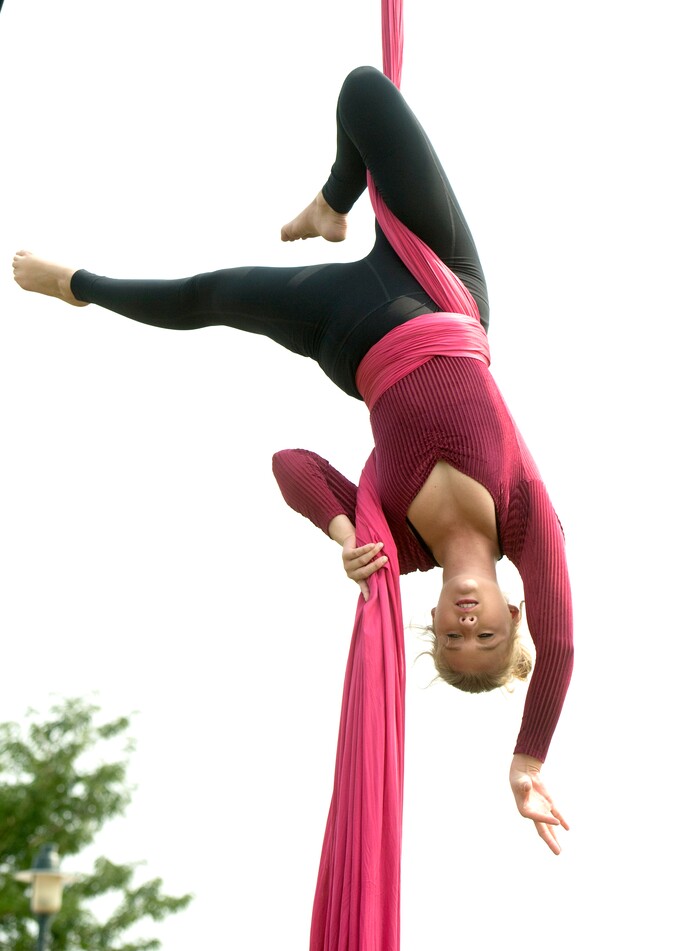 (Rick Egan  |  The Salt Lake Tribune)    Christy Livingston performs with Cirque Orenda aerial acrobatics  at the Davis County Fair in Farmington, Saturday, Aug. 18, 2018.