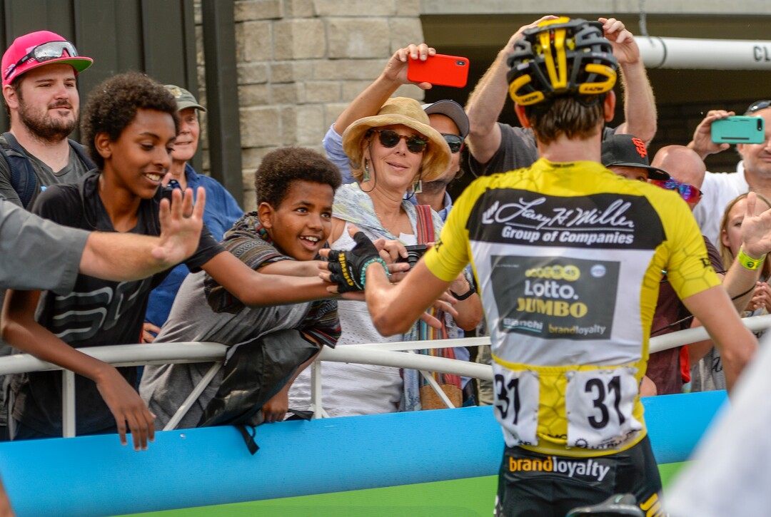 Leah Hogsten  |  The Salt Lake Tribune   Tour of Utah overall winner Sepp Kuss with Team Lotto NL-Jumbo celebrates win fans after crossing the Stage 6 finish line in Park City, Sunday, August 12, 2018.  .  