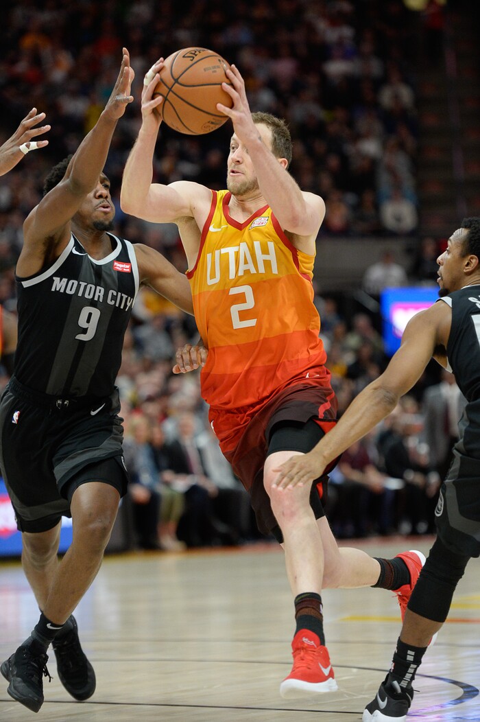 (Francisco Kjolseth  |  The Salt Lake Tribune)  Utah Jazz forward Joe Ingles (2) pushes past the Pistons defense in the first half of their NBA game at Vivint Smart Home Arena Monday, Jan. 14, 2019, in Salt Lake City.