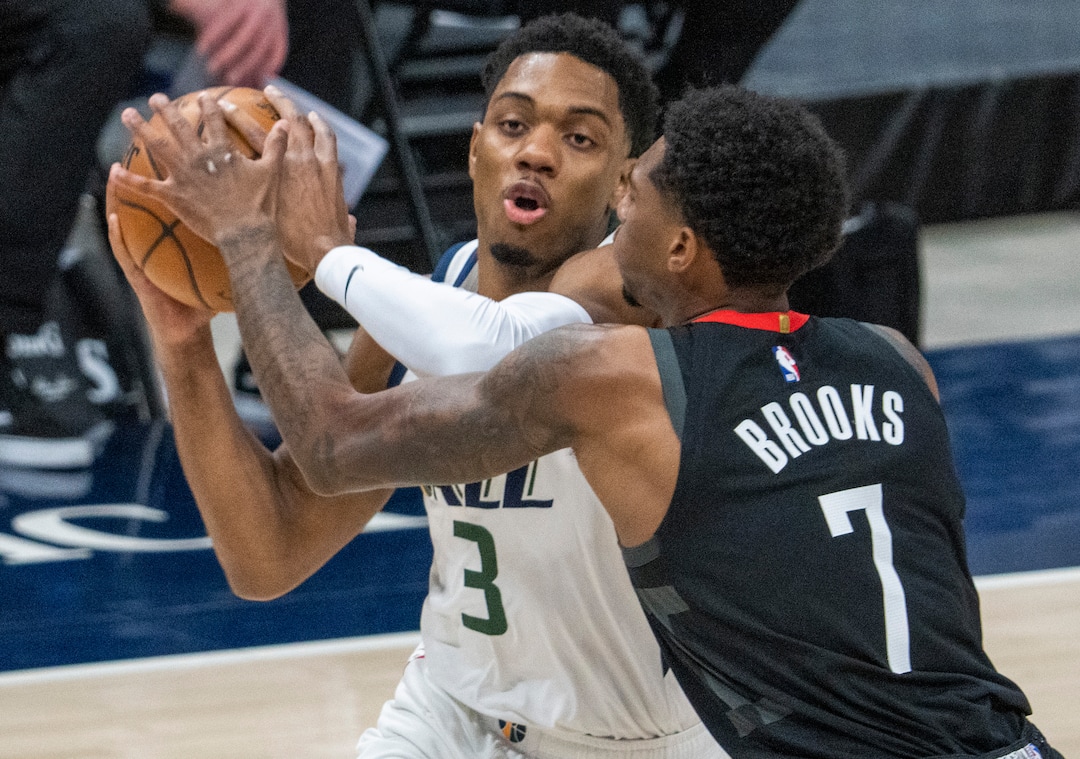 (Rick Egan | The Salt Lake Tribune) Utah Jazz guard Trent Forrest (3) is guarded by Houston Rockets guard Armoni Brooks (7), in NBA action between the Utah Jazz and the Houston Rockets, at Vivint Arena, on Saturday, May 8, 2021.