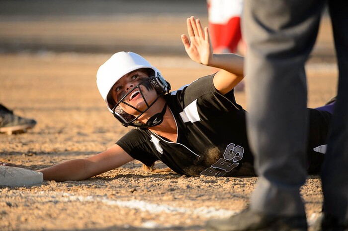 (Trent Nelson | The Salt Lake Tribune)  Box Elder beats Bountiful High School in the 5A Softball State Championship game, Thursday May 24, 2018. Box Elder's Mickelle Lish (21) calls for time.