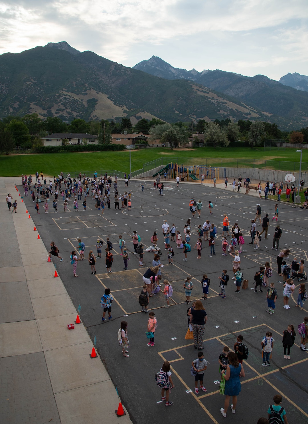 (Francisco Kjolseth  |  The Salt Lake Tribune) Students at Canyon View Elementary in Cottonwood Heights line up on the playground as they go back to school for the first day of classes for the Canyons School District on Monday, August 24, 2020.